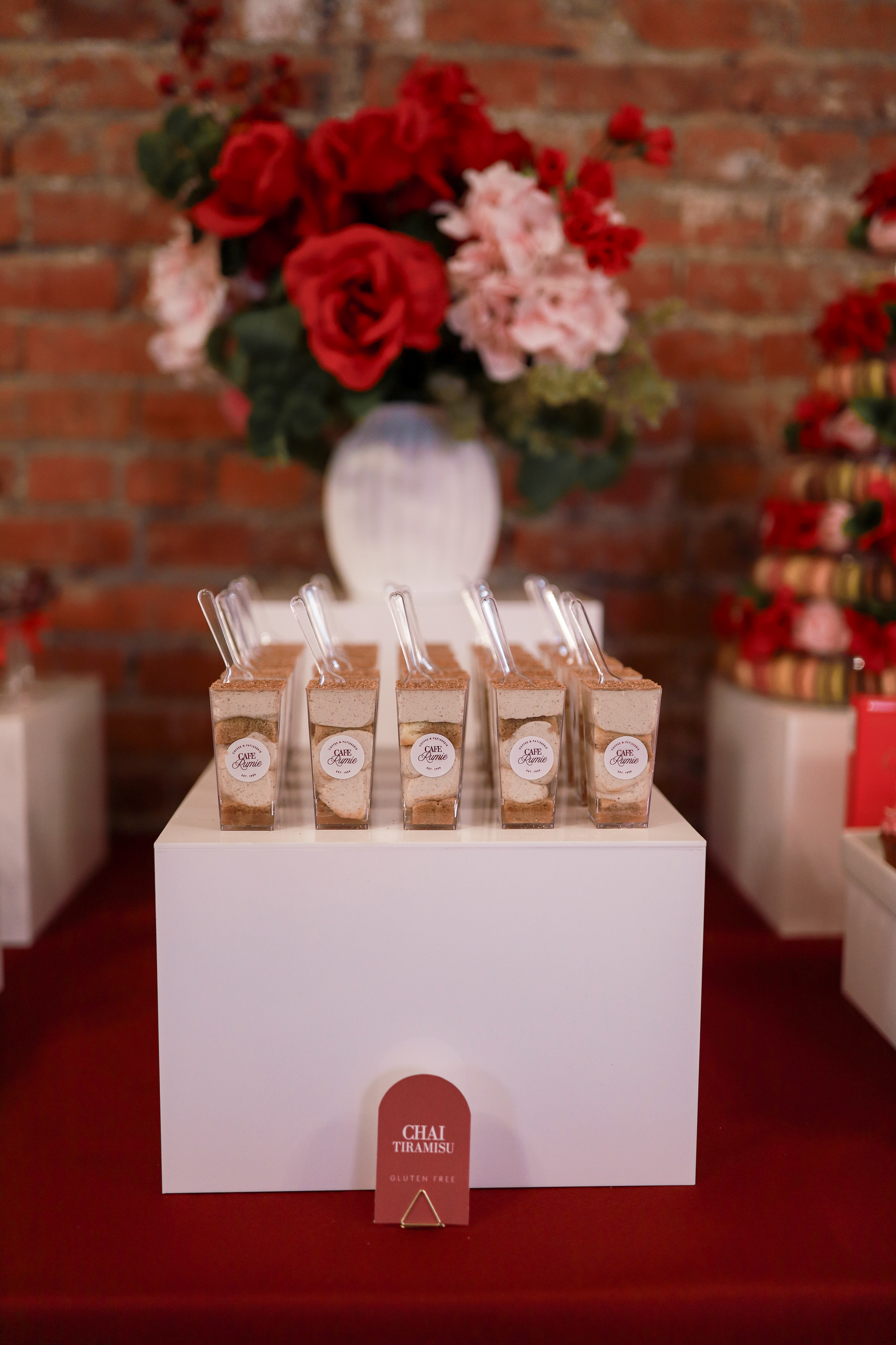 Gluten-free dessert installation by Kinn Studios for Ma Chérie bridal shower in Calgary, featuring Chai Tiramisu shooters by Deep's Delights Catering in Calgary